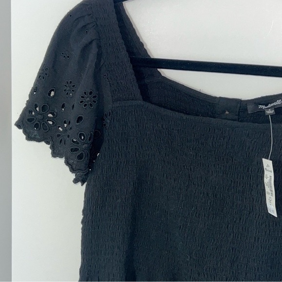 NWT Madewell Eyelet Lucie Square Neck Smocked Short Eyelet Sleeve Top Black S - Picture 3 of 13